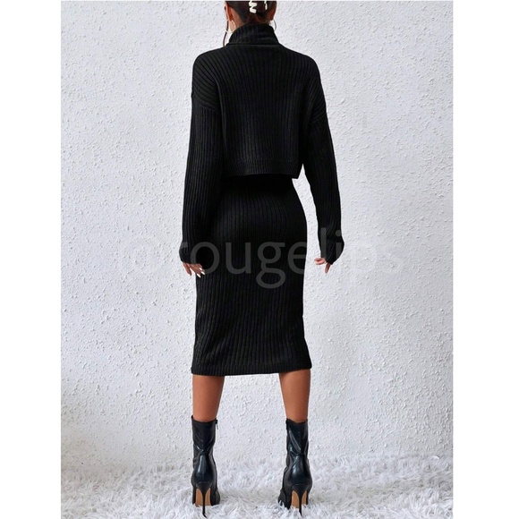 Black 2 Piece Set: Knit Midi Pencil Dress and Turtleneck Pullover Sweater - Picture 7 of 9